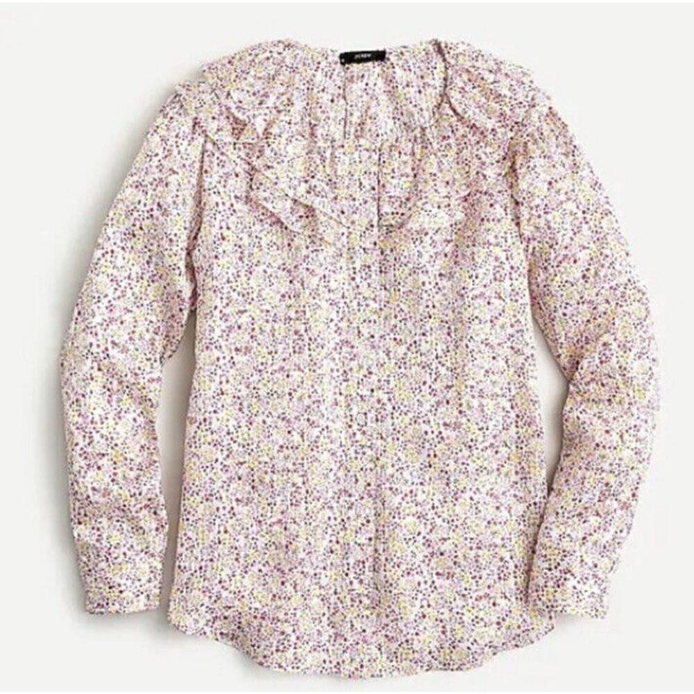 NWT J. Crew Women's Satin Ruffle Top in Field Day Print Ivory Pink Size X Small